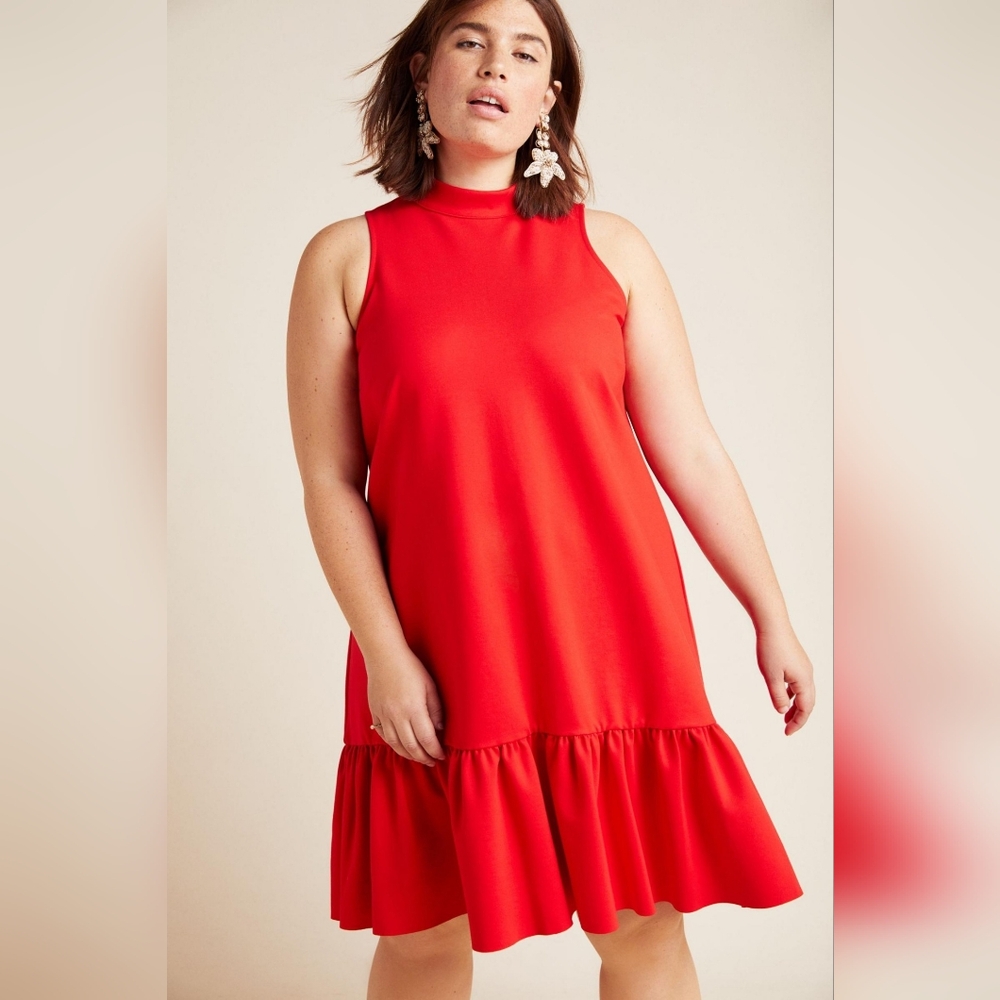 Anthropologie Maeve Red Swing Shift Dress 1X NWT Ruffle Hem Minimalist